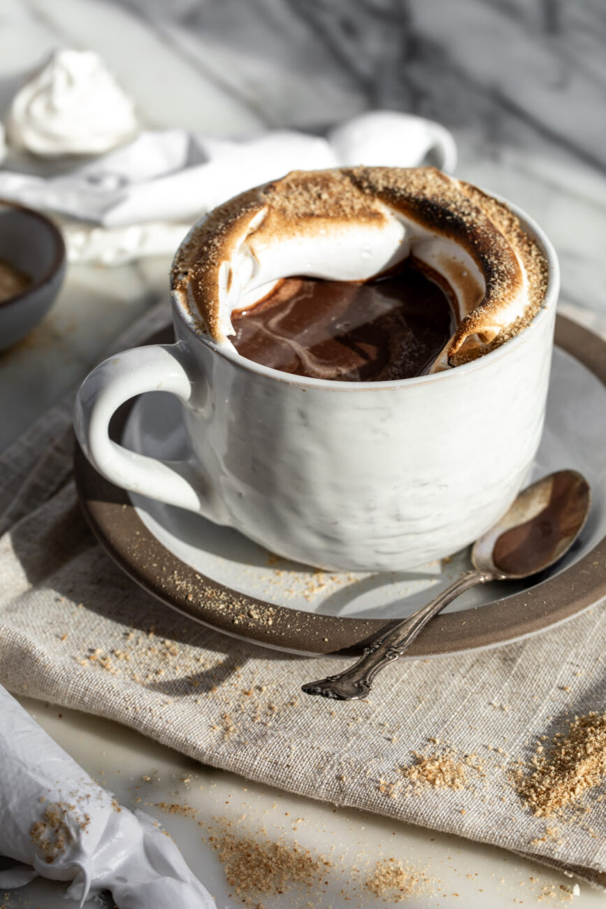 toasted s\'mores hot chocolate with Italian meringue.