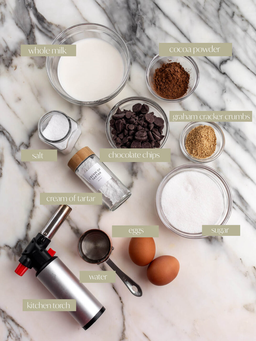labeled ingredients to make toasted s\'mores hot chocolate with italian meringue.