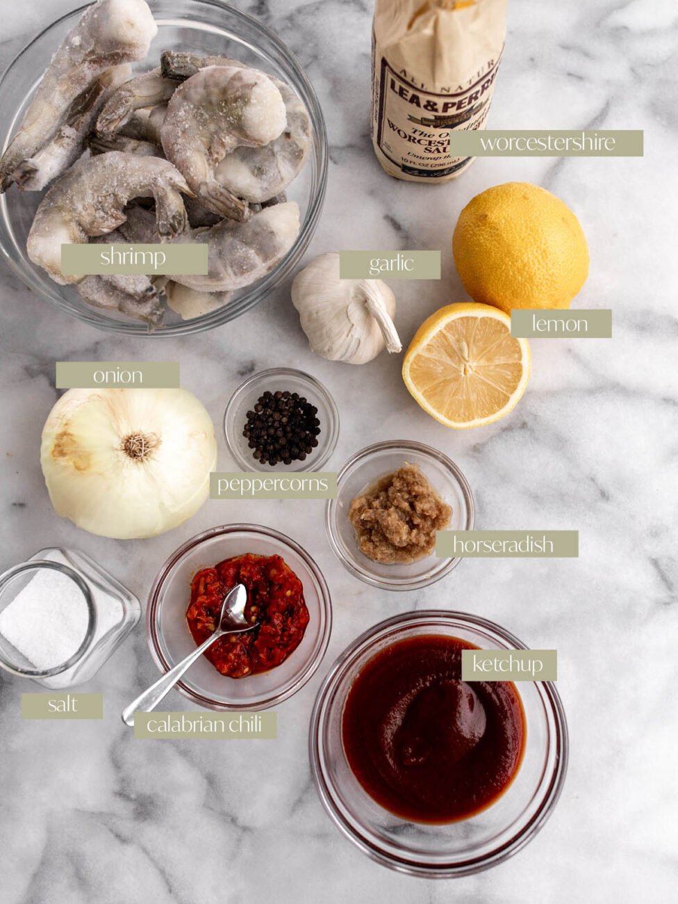 Spicy calabrian chili shrimp cocktail labeled ingredient photo.