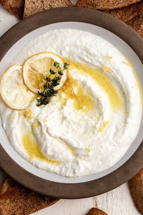 whipped feta dip recipe with pita chips.