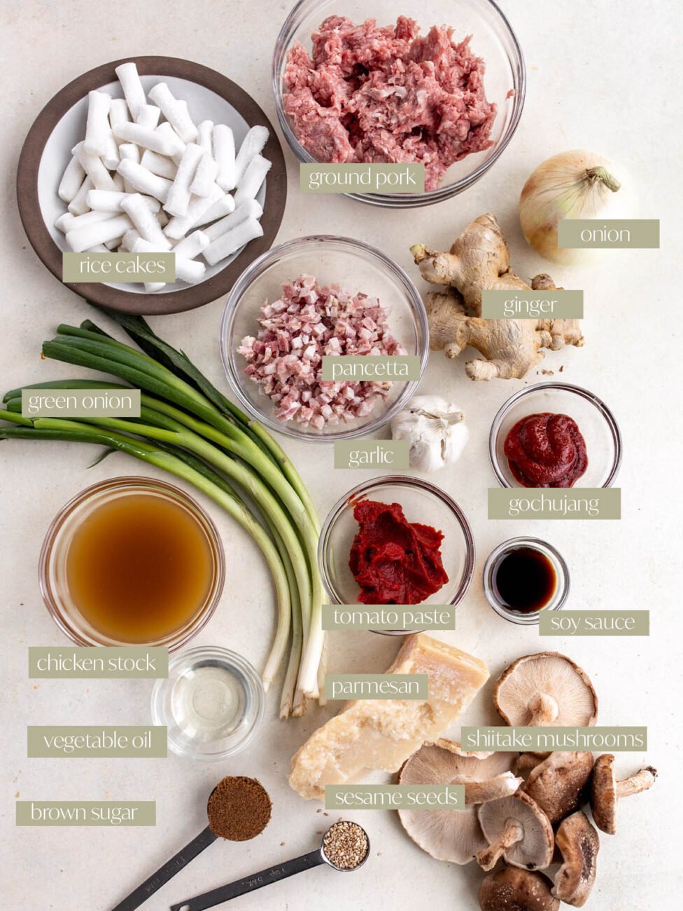 gochujang pork ragu labeled ingredients.