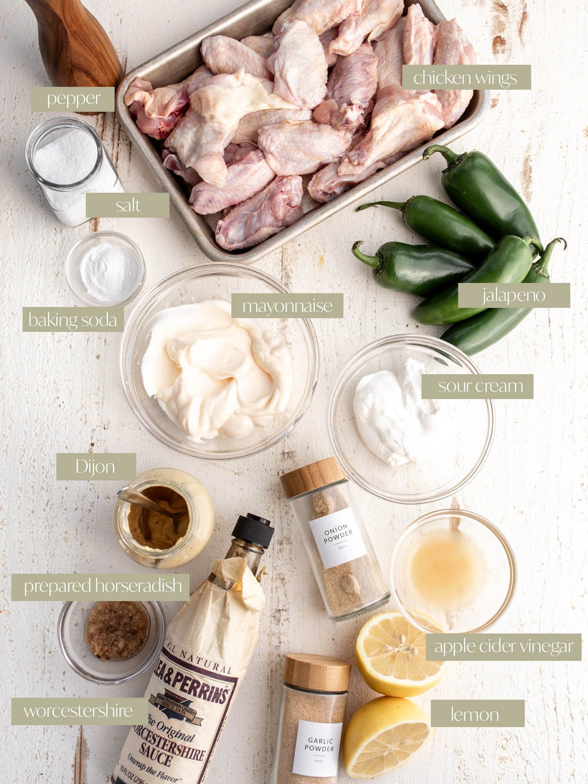 Baked Chicken Wings with Roasted Jalapeño Alabama White Sauce labeled ingredient photo.