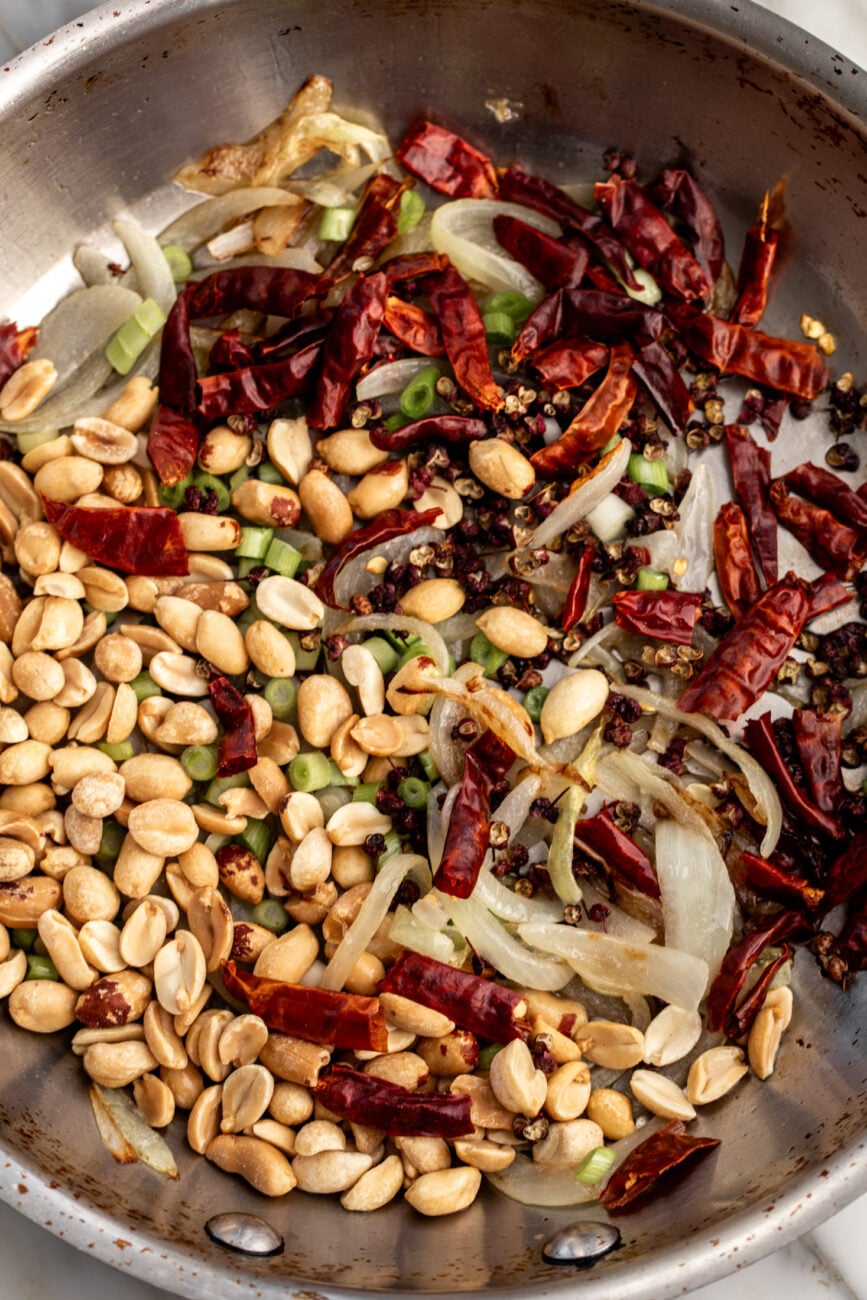 Irish spice bag ingredients with peanuts, chilies, sichuan peppercorns and onions.