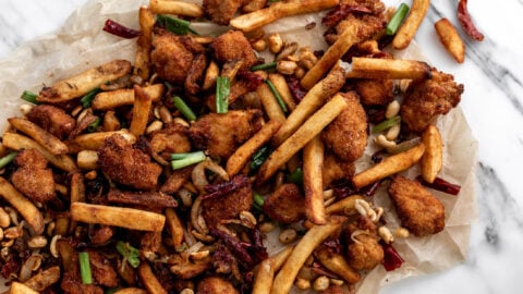 Irish spice bag with crispy chicken nuggets and french fries in a Sichuan spice blend.