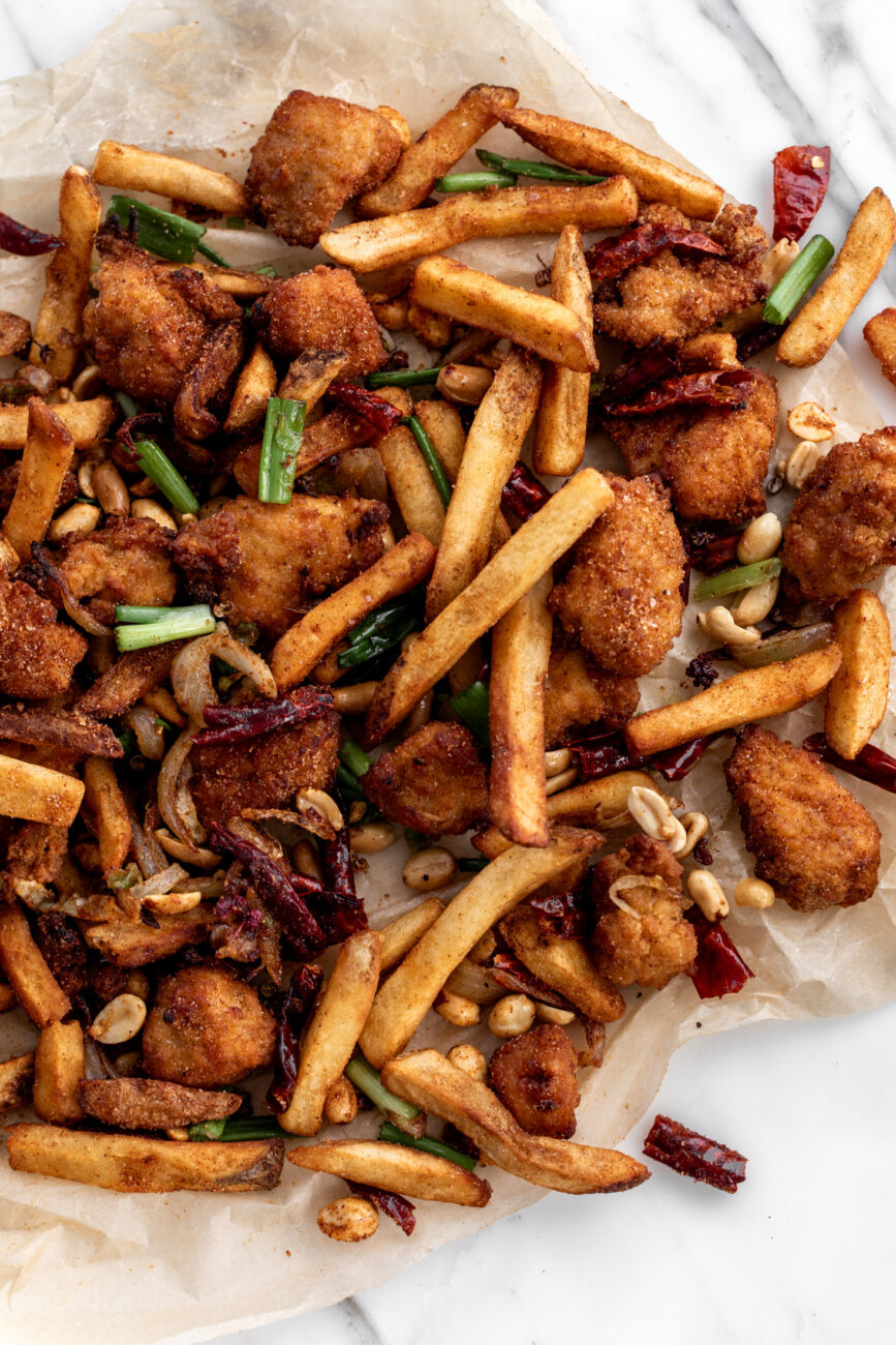 Quick and easy Irish spice bag made with frozen chicken nuggets and french fries.