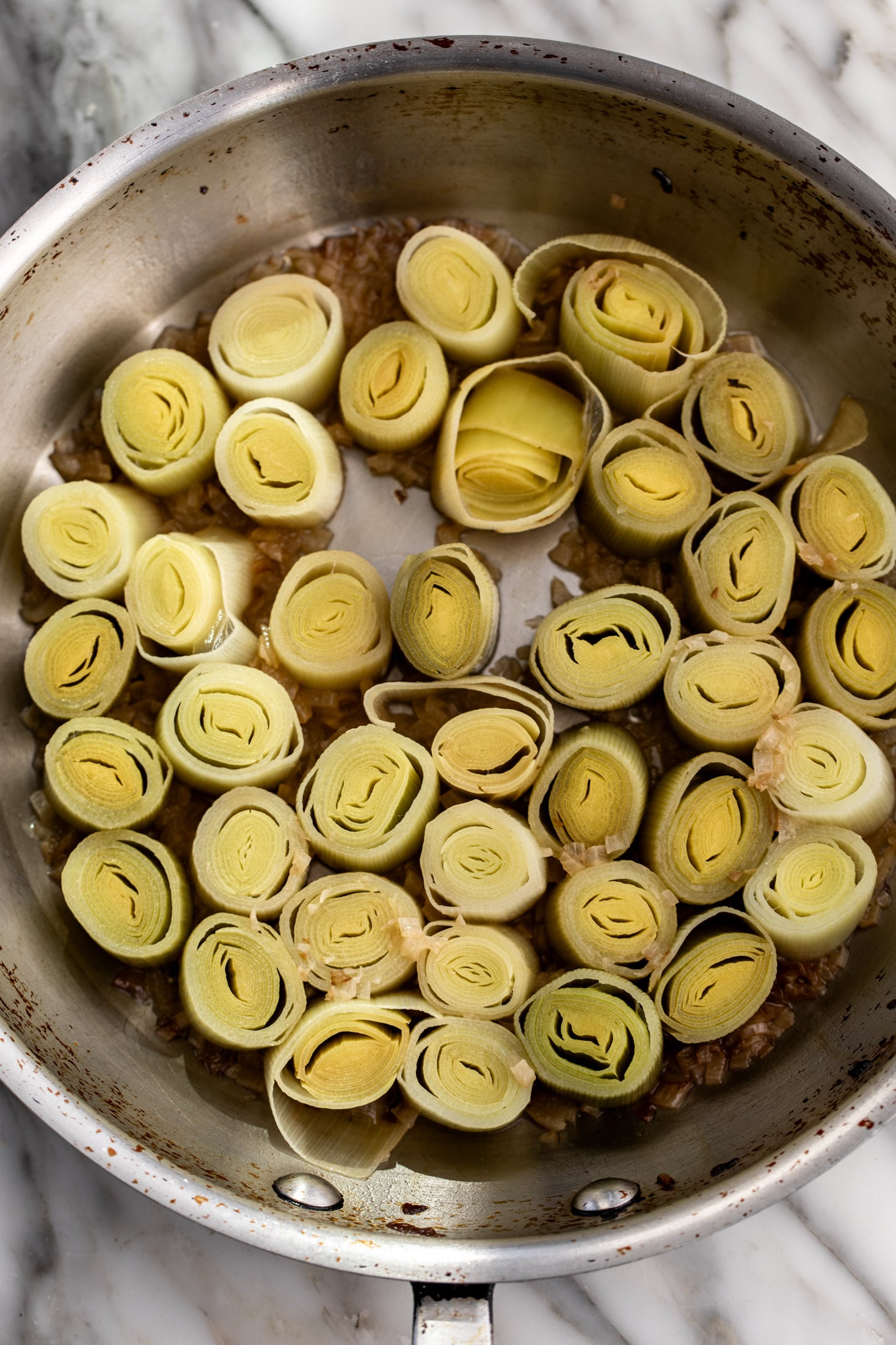 white wine-braised leeks with shallots.
