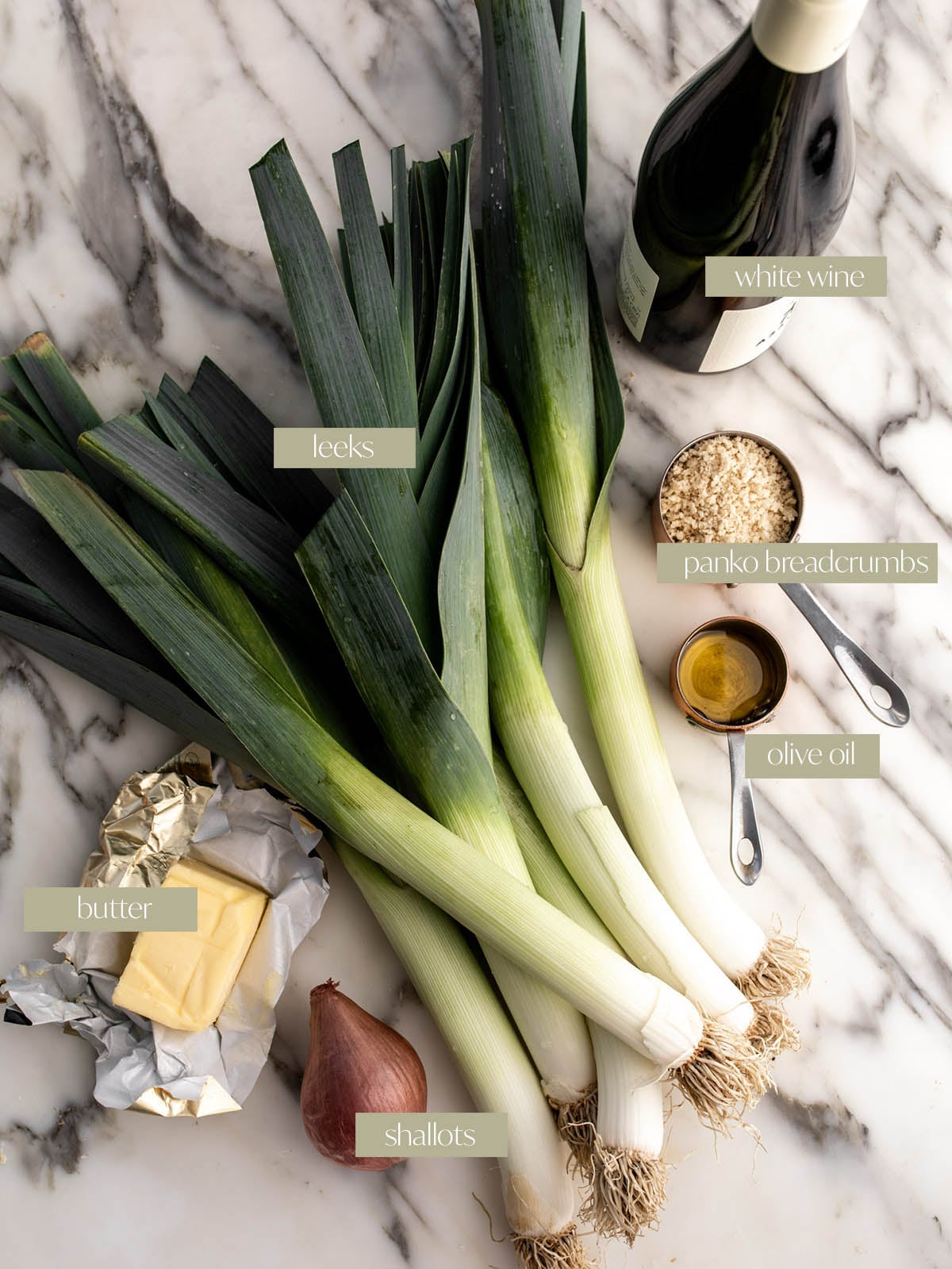 white wine braised leeks with crispy buttered breadcrumbs labeled ingredient photo.