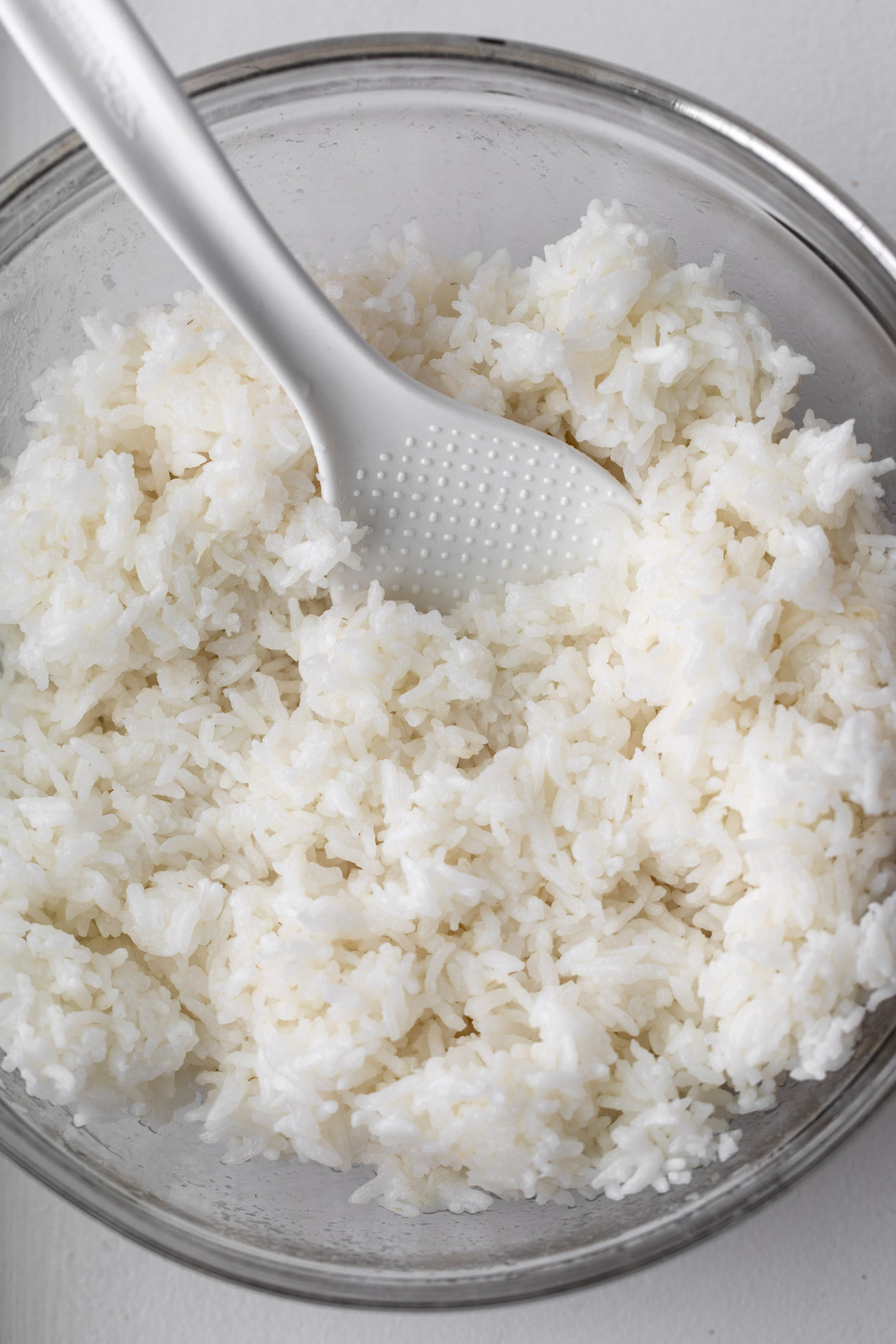 cooked sushi rice with paddle.