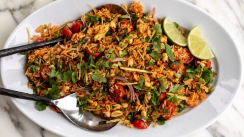 Thai Baked Crispy Rice Salad (Nam Khao Tod) on serving platter.