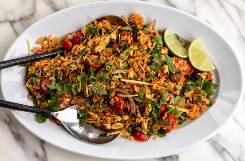 Thai Baked Crispy Rice Salad (Nam Khao Tod) on serving platter.