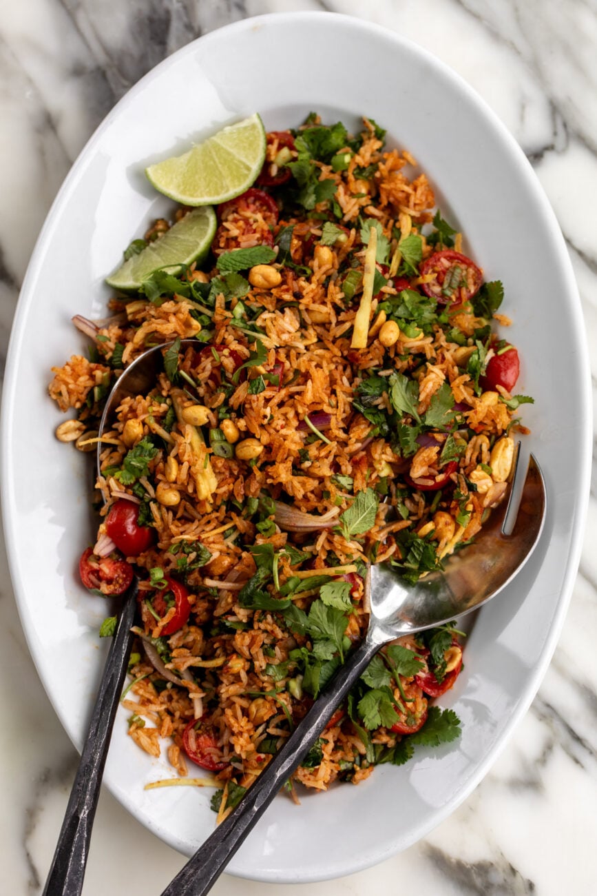 Thai Baked Crispy Rice Salad (Nam Khao Tod) on serving platter.