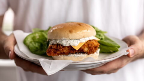 homemade filet o fish sandwich with butter lettuce salad.