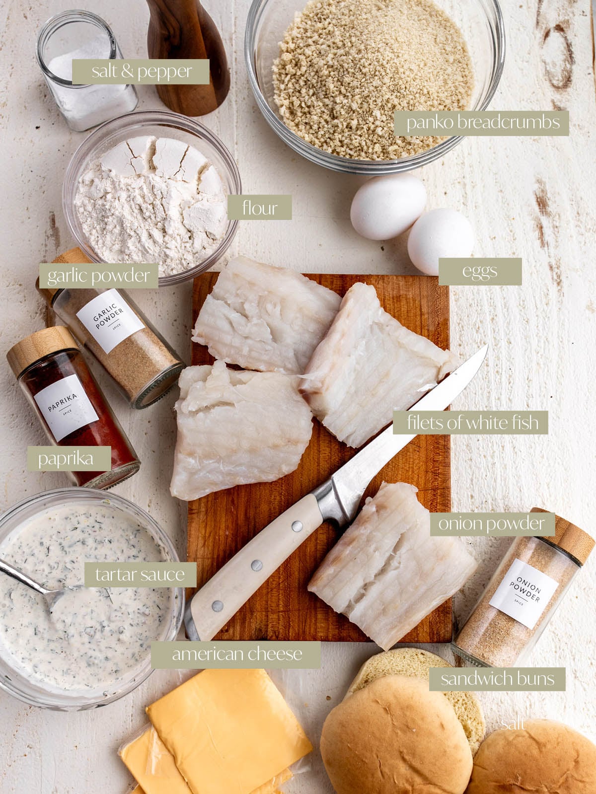 homemade filet-o-fish labeled ingredients to make dish.