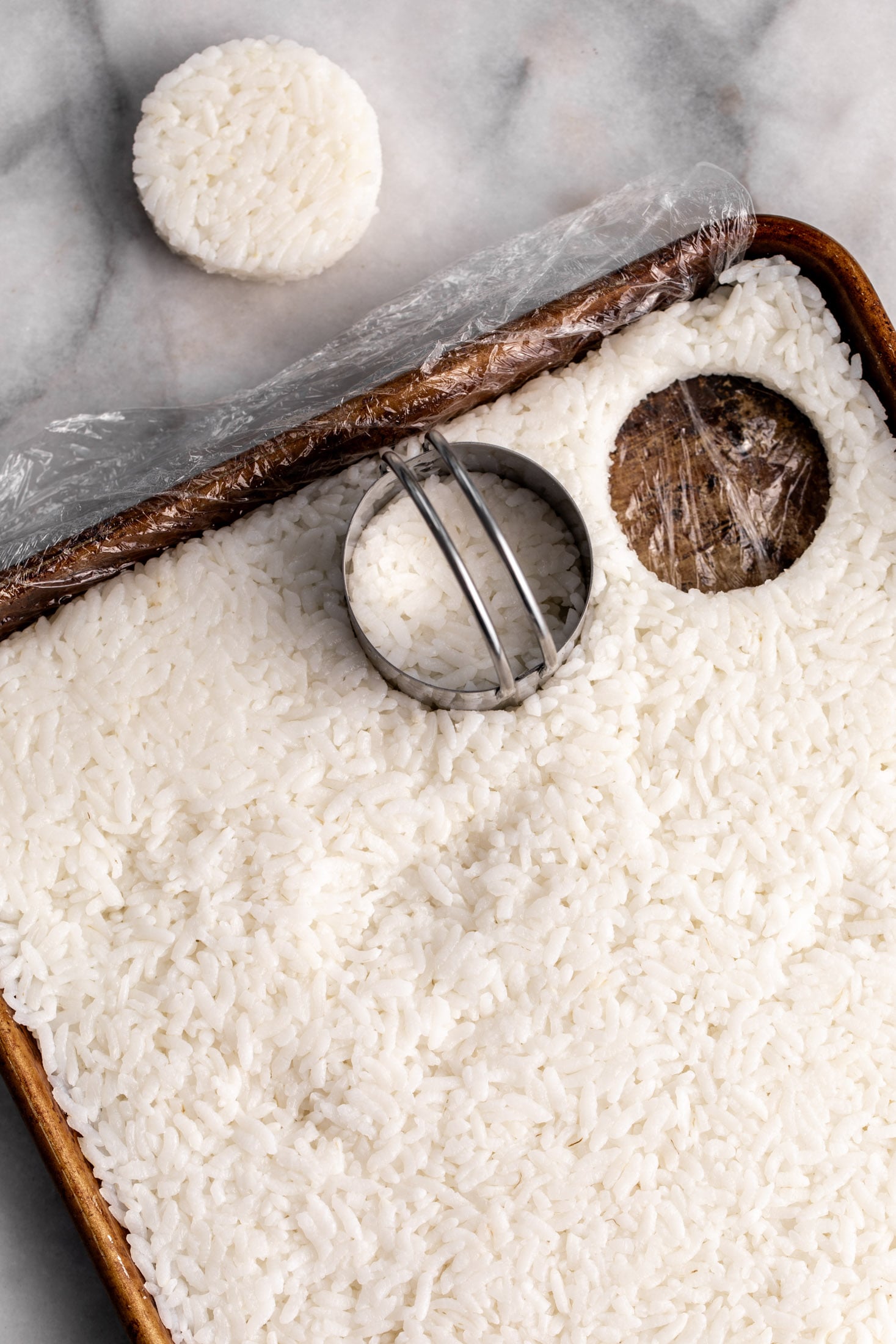 cut crispy rice into circle cookie cutters.