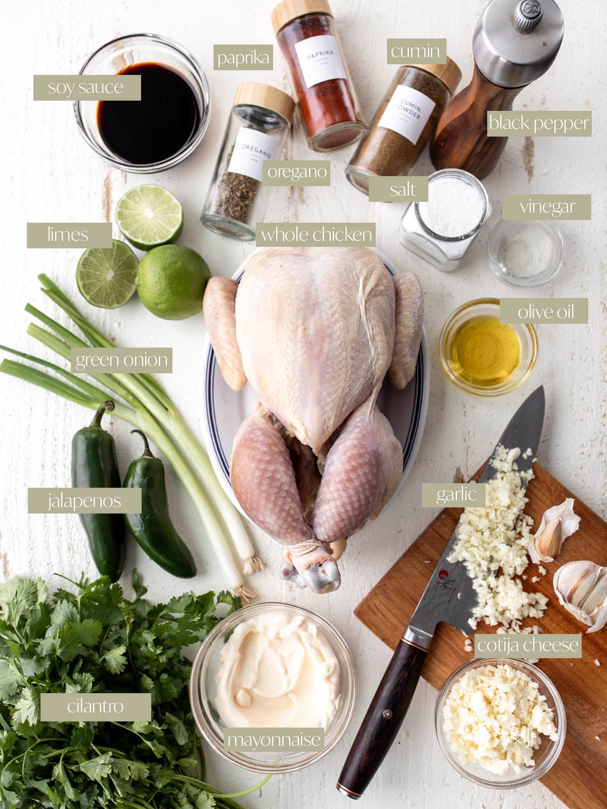 whole Peruvian-inspired chicken with aji verde labeled ingredient photo.