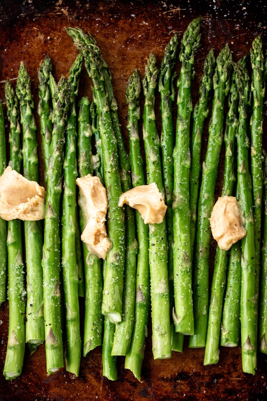 miso butter over asparagus stalks.