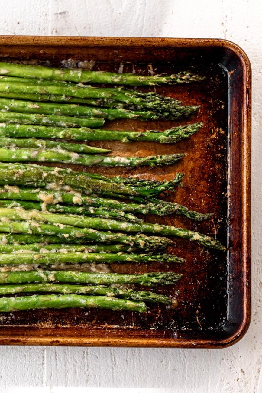 roasted miso butter asparagus on baking sheet.