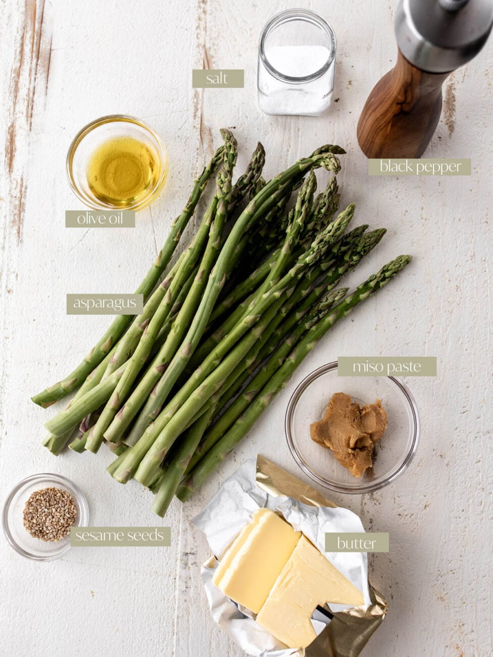 Roasted Miso Butter Asparagus labeled ingredient flatlay.