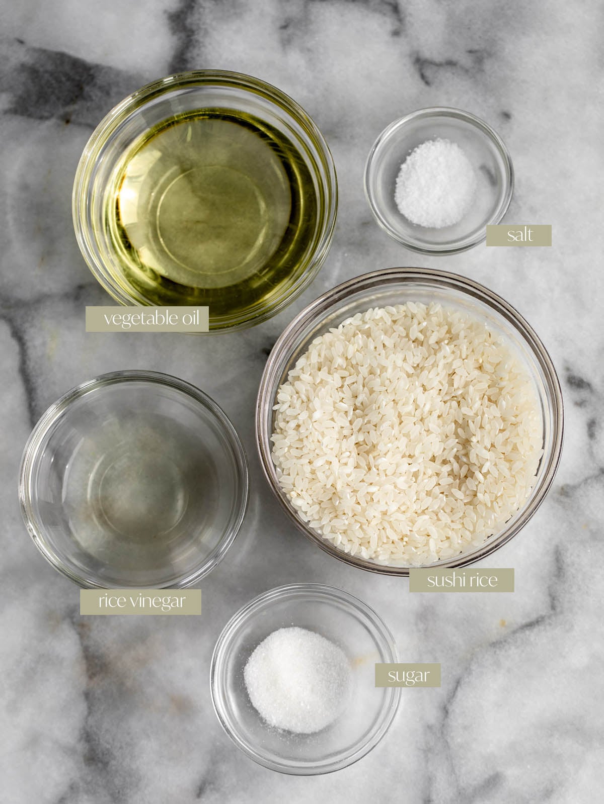 how to make crispy rice the nobu method labeled ingredient flatlay.