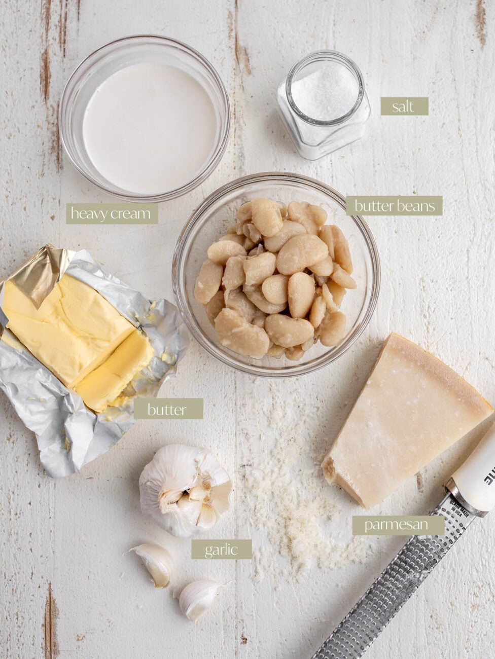 alfredo butter beans labeled ingredient flatlay.