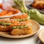crispy rice with salmon and avocado puree.