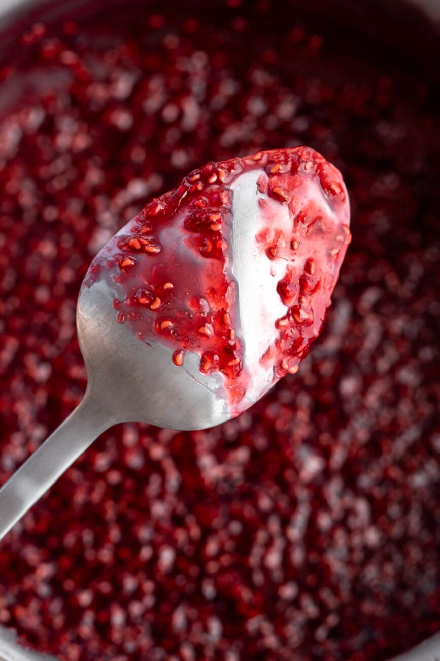 thickened raspberry jam on spoon.