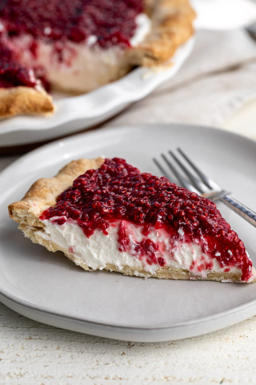 Briermere Farms raspberry cream pie recipe slice on plate.