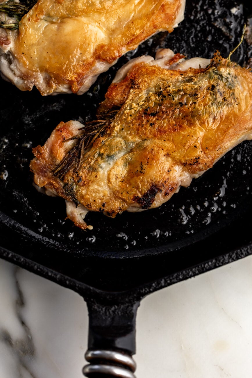 crispy golden brick chicken legs with crispy chicken skin.