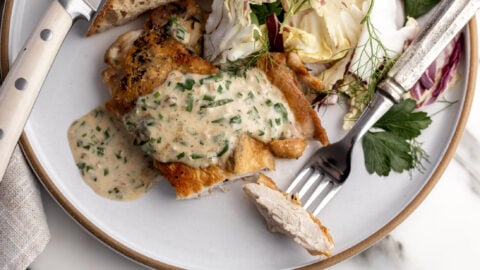 brick chicken with creamy herb pan sauce.