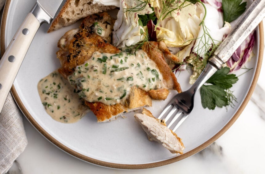 brick chicken with creamy herb pan sauce.