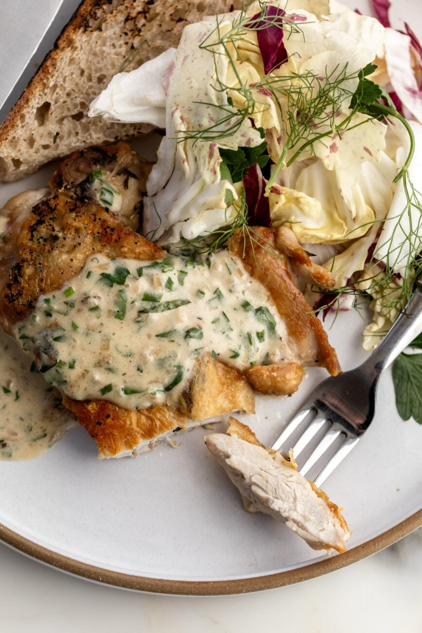 brick chicken with creamy herb pan sauce.