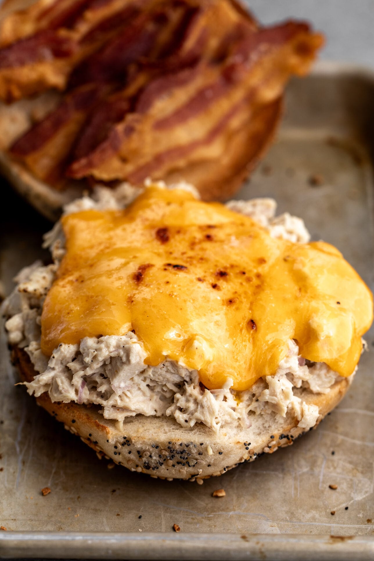melted cheddar cheese over chicken salad bagel with slices of cooked bacon.