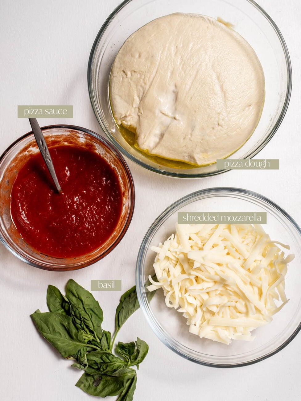 4-step easy homemade cheese pizza labeled ingredients portioned out.
