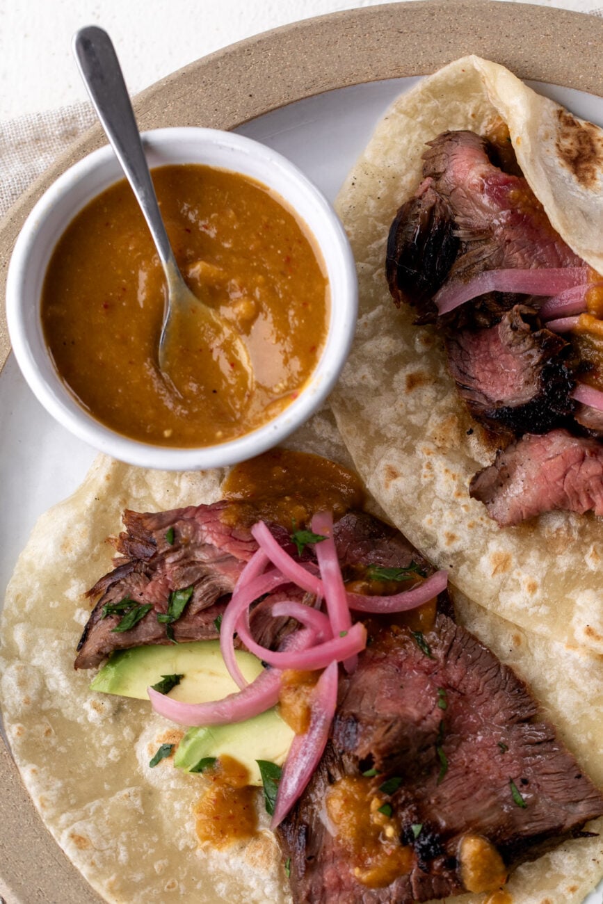 Easy Jalapeño Habanero Hot Sauce (Lily’s Hot Sauce) paired with steak tacos.