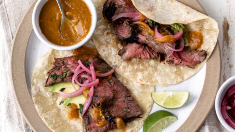 Easy Jalapeño Habanero Hot Sauce (No Fermentation Required) with steak tacos.