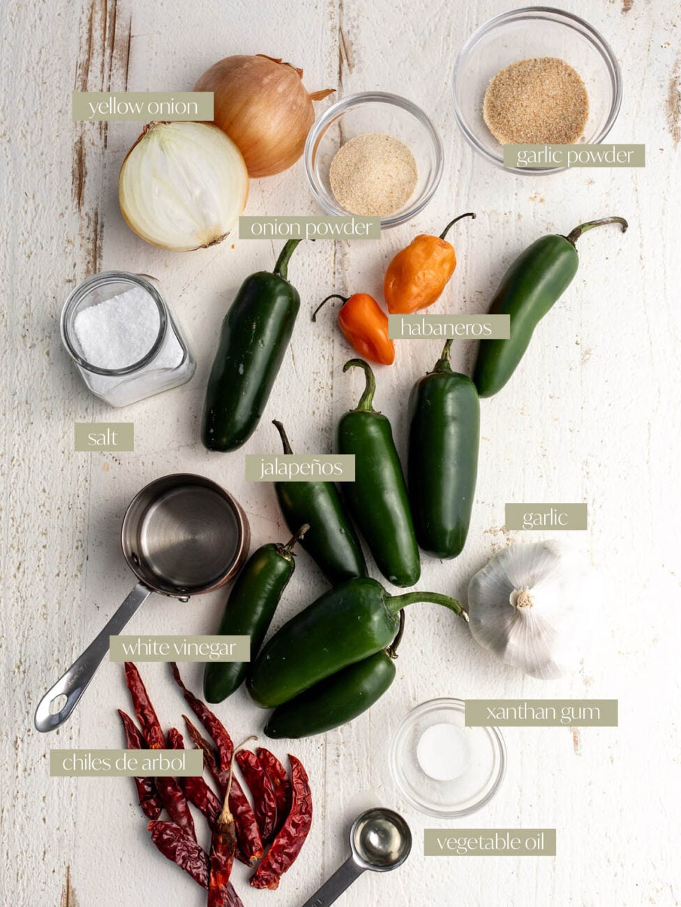 Easy Jalapeño Habanero Hot Sauce (Lily’s Hot Sauce) labeled ingredient flatlay photo.
