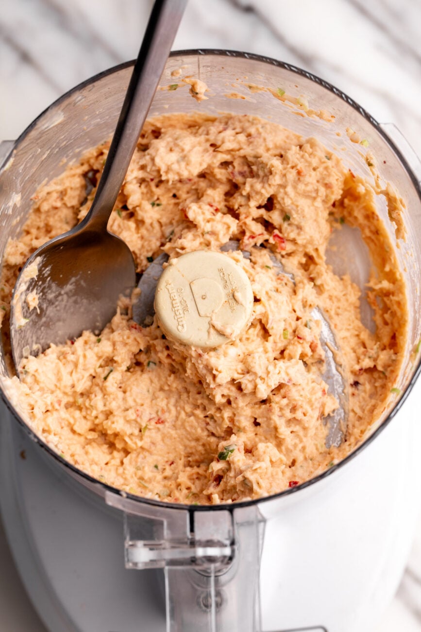 dynamite lobster crispy rice topping in food processor shredded.