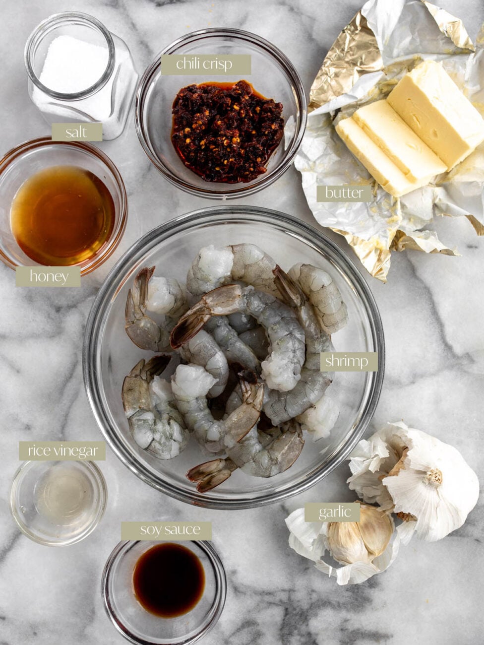 honey garlic chili crisp shrimp labeled ingredient flat-lay.