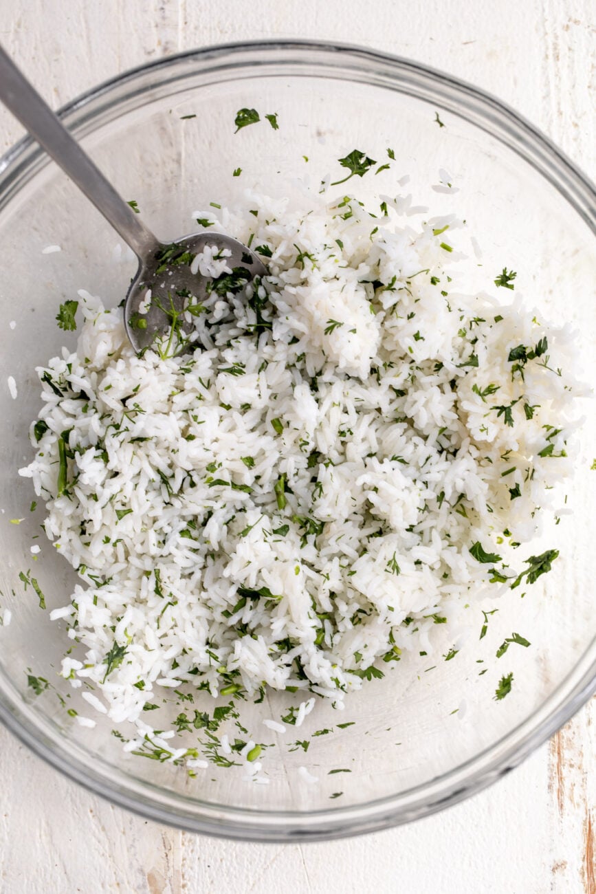cilantro lime rice in mixing bowl.