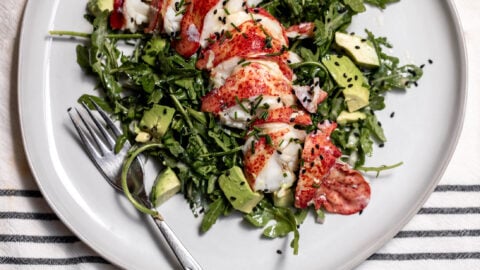 lobster avocado salad with creamy tofu lime dressing.
