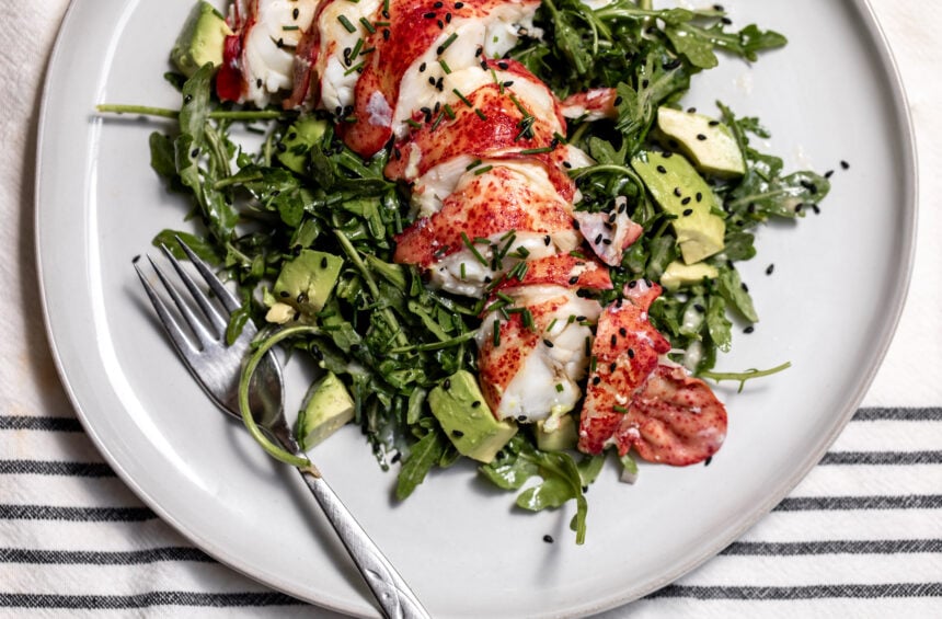 lobster avocado salad with creamy tofu lime dressing.