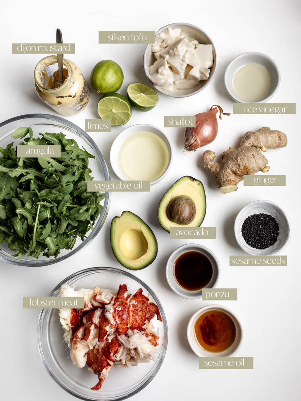 lobster avocado salad with creamy tofu lime dressing ingredient flaylay.