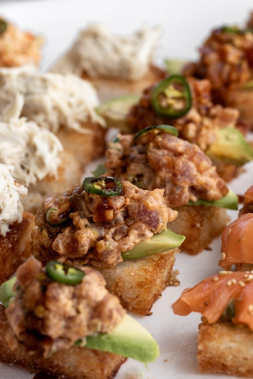 spicy tuna crispy rice with avocado, eel sauce and jalapeño.