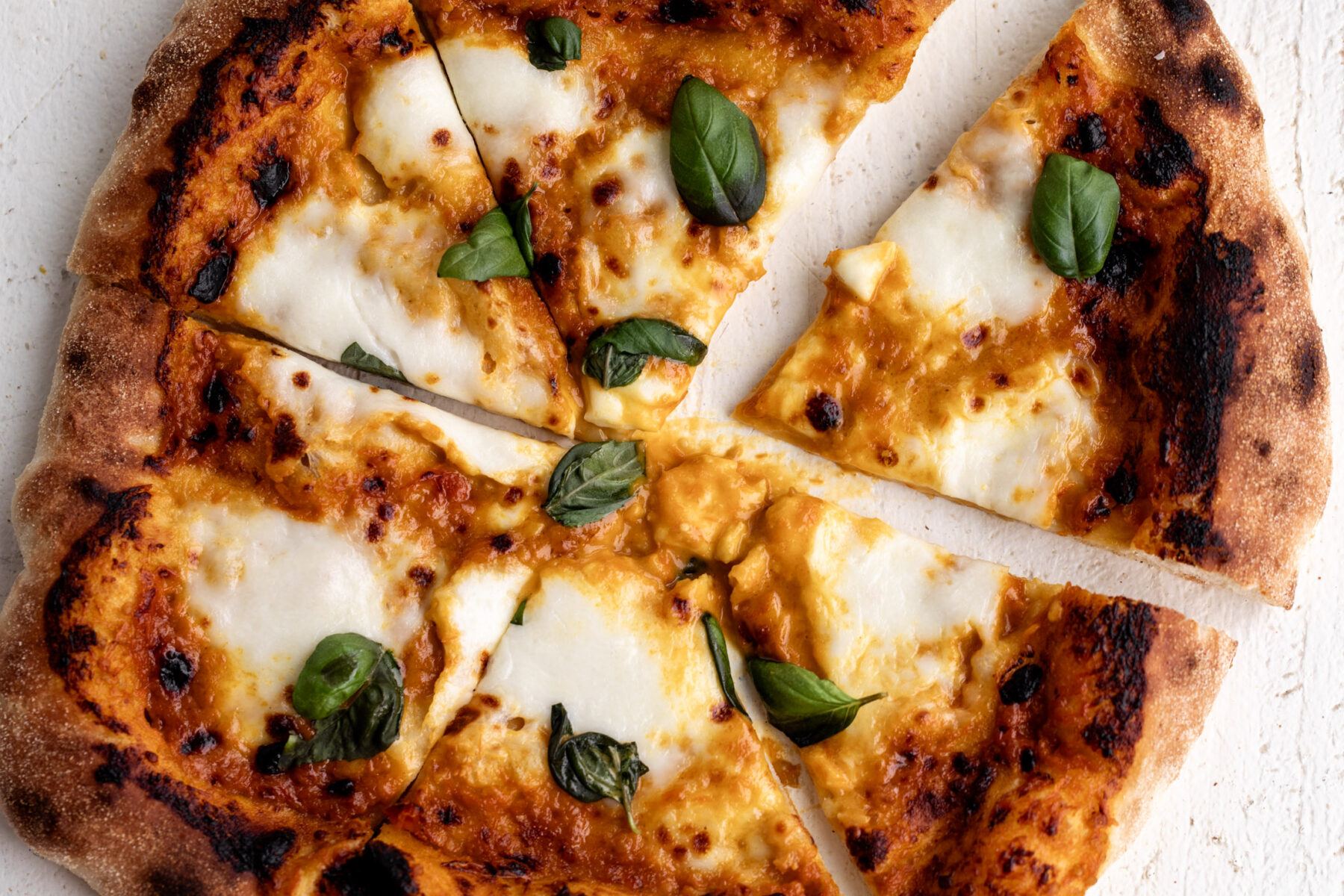 Sungold tomato pizza with mozzarella and basil cut into pieces.
