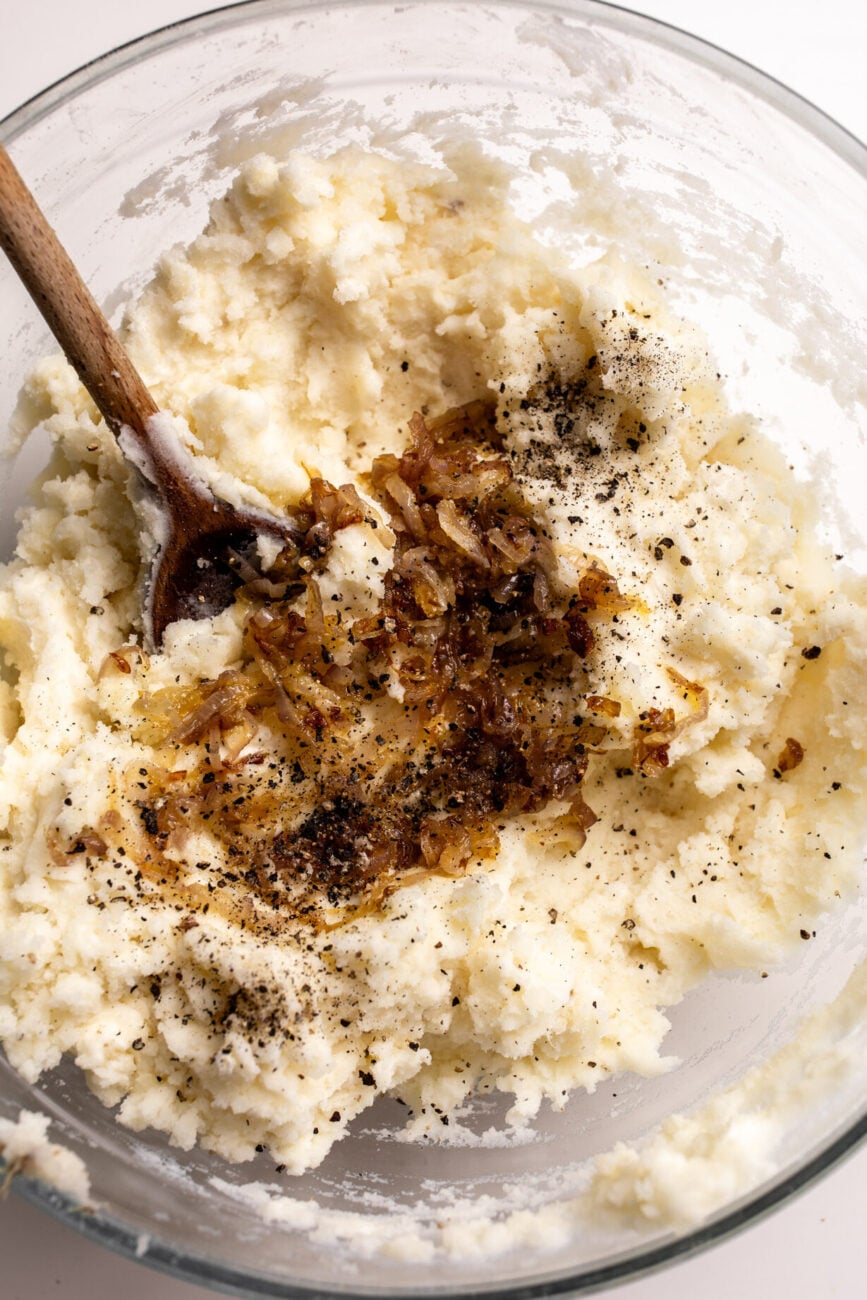 caramelized shallot mashed potatoes in bowl.