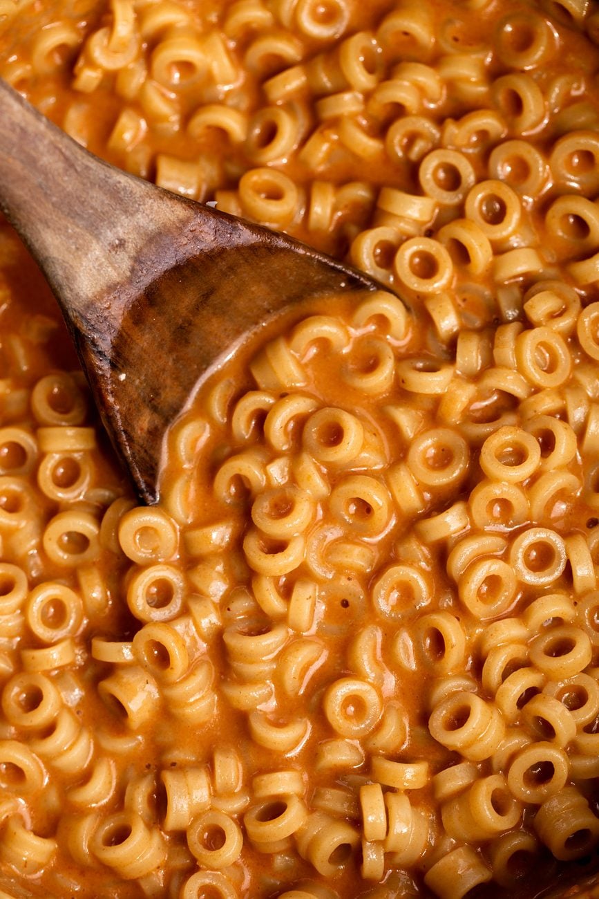 homemade spaghetti-o's on spoon.