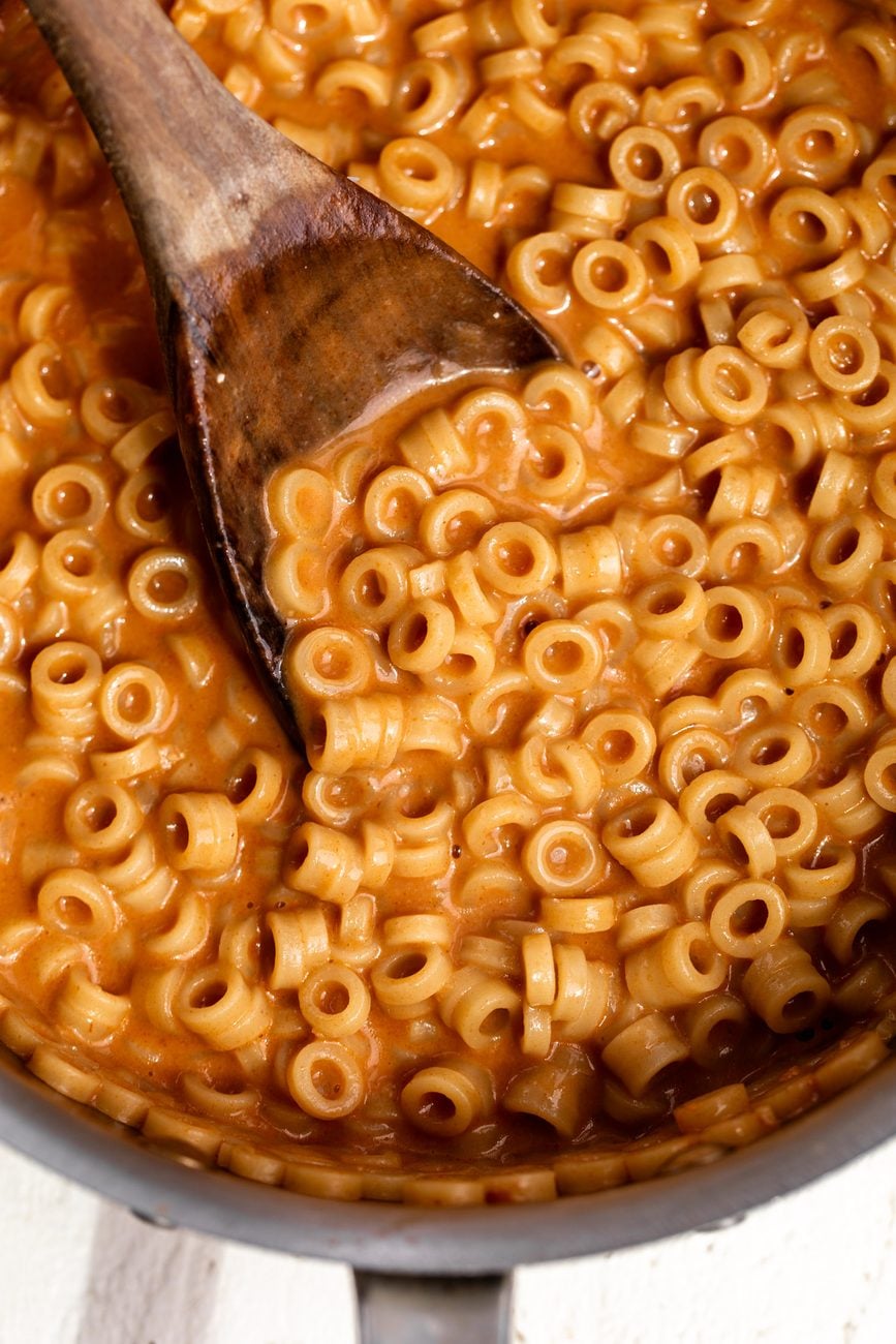 Homemade spaghetti-o's in pot.