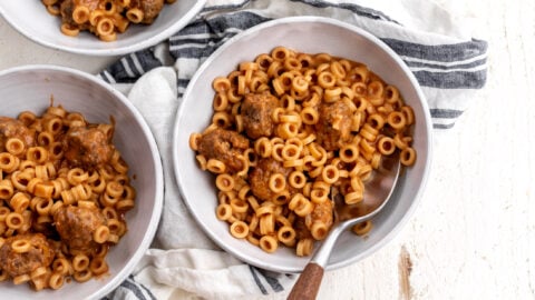 homemade spaghetti o's with mini meatballs.