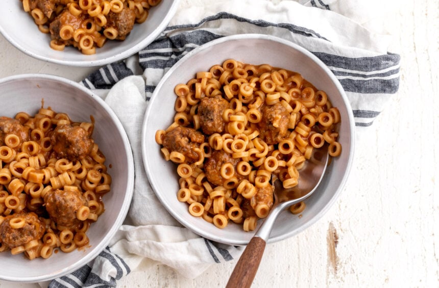 homemade spaghetti o's with mini meatballs.