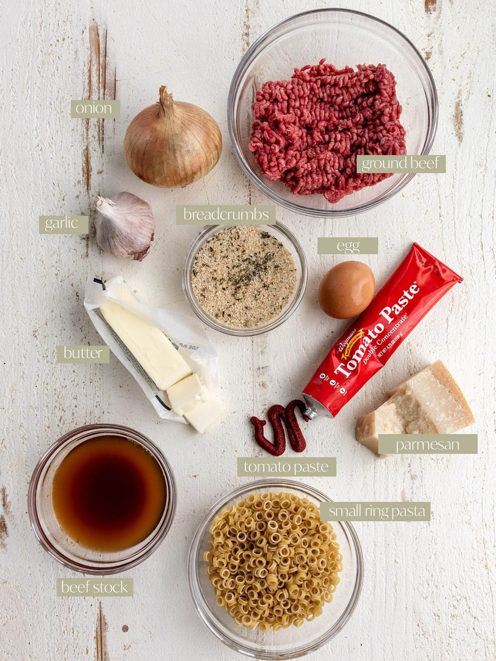 ingredients needed to make homemade spaghetti-o's with labels.